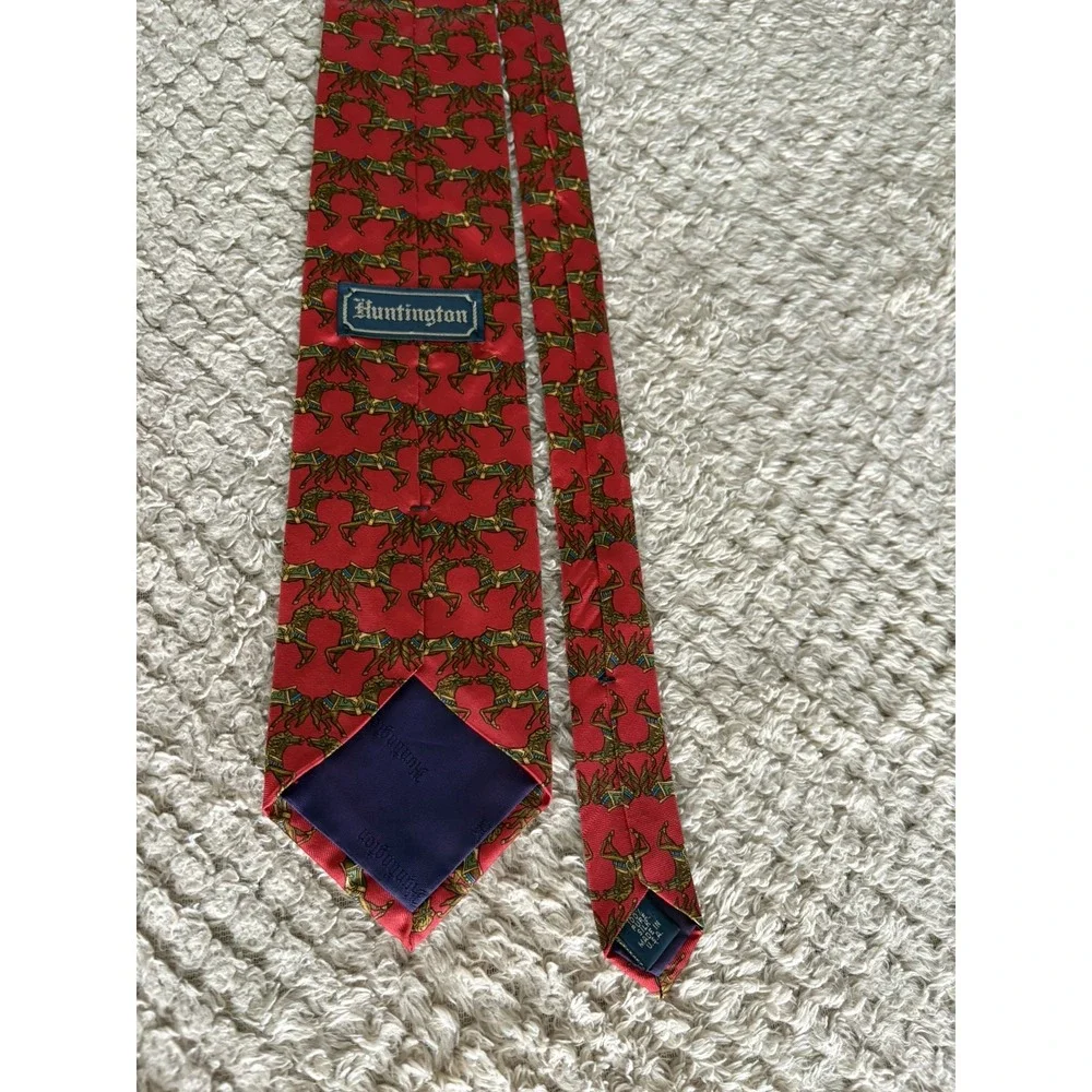 Vtg Huntington Art Deco Regal Horse Equestrian Red Silk Tie USA 90s 3.7x60